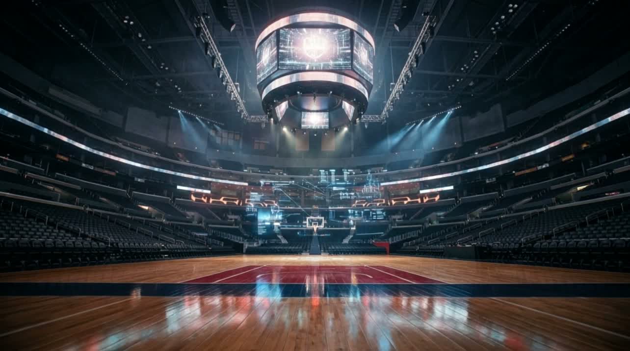 Basketball player under arena lights